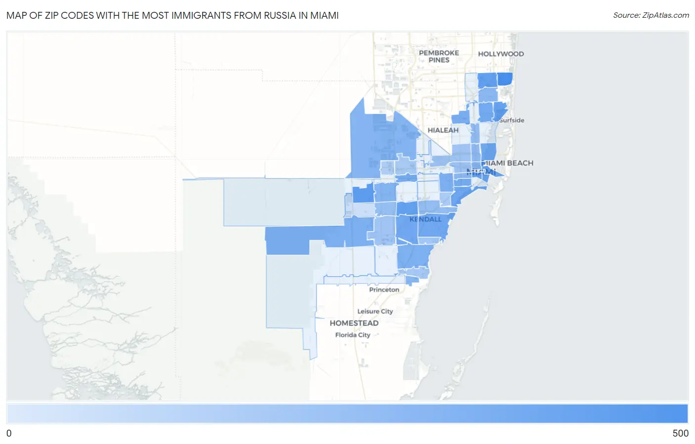 Zip Codes with the Most Immigrants from Russia in Miami Map