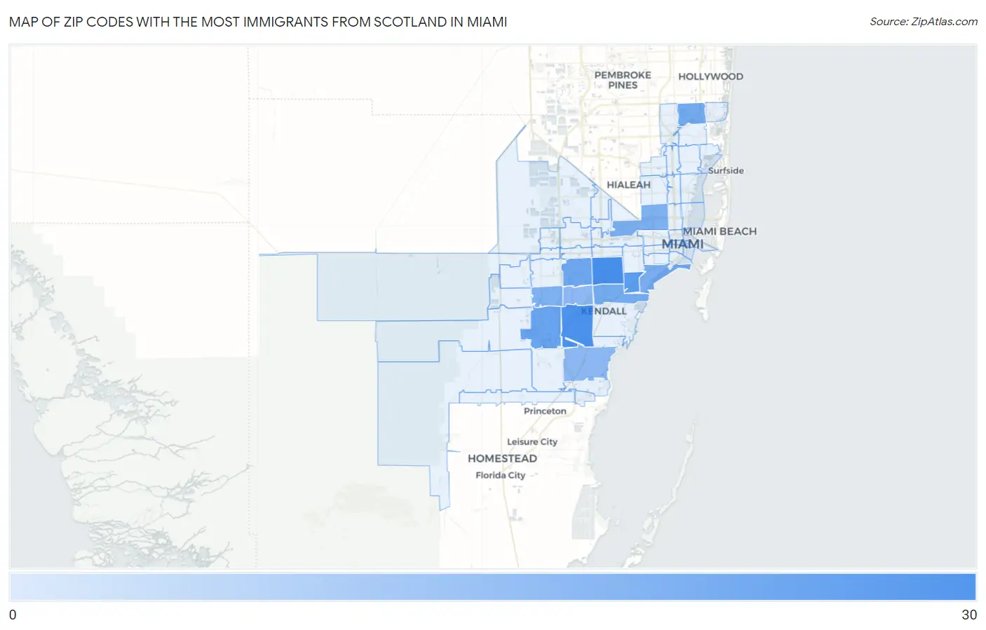 Zip Codes with the Most Immigrants from Scotland in Miami Map