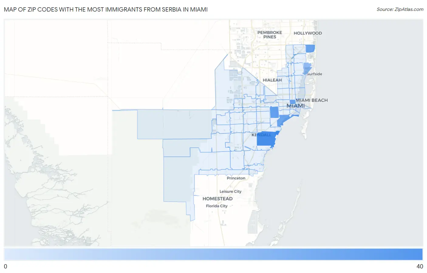 Zip Codes with the Most Immigrants from Serbia in Miami Map