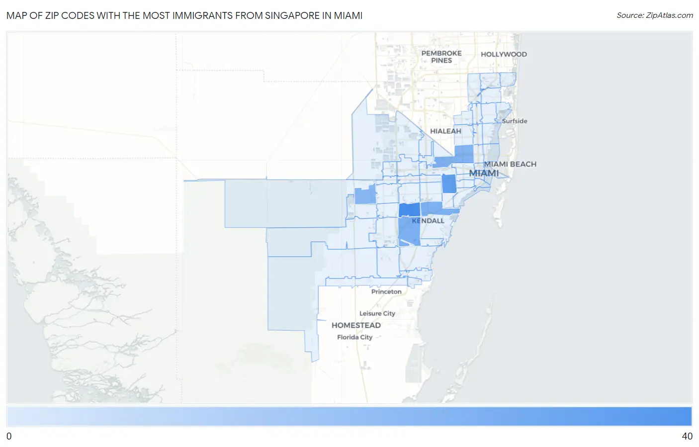Zip Codes with the Most Immigrants from Singapore in Miami Map