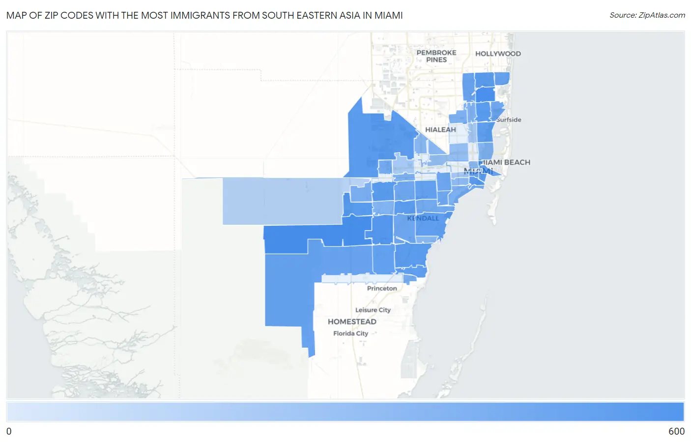 Zip Codes with the Most Immigrants from South Eastern Asia in Miami Map