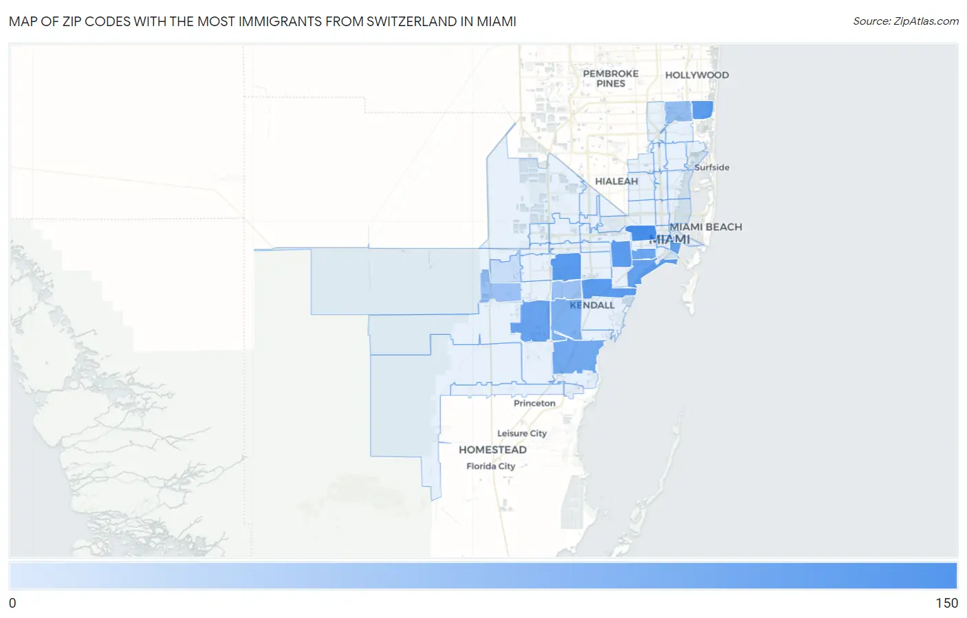 Zip Codes with the Most Immigrants from Switzerland in Miami Map