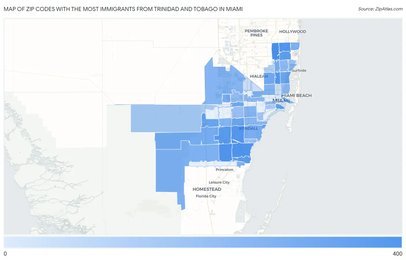 Zip Codes with the Most Immigrants from Trinidad and Tobago in Miami Map