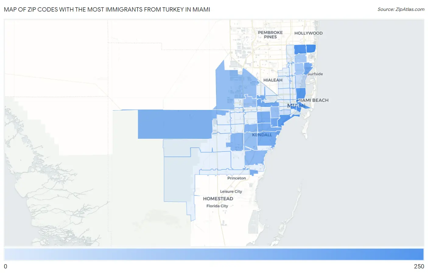Zip Codes with the Most Immigrants from Turkey in Miami Map