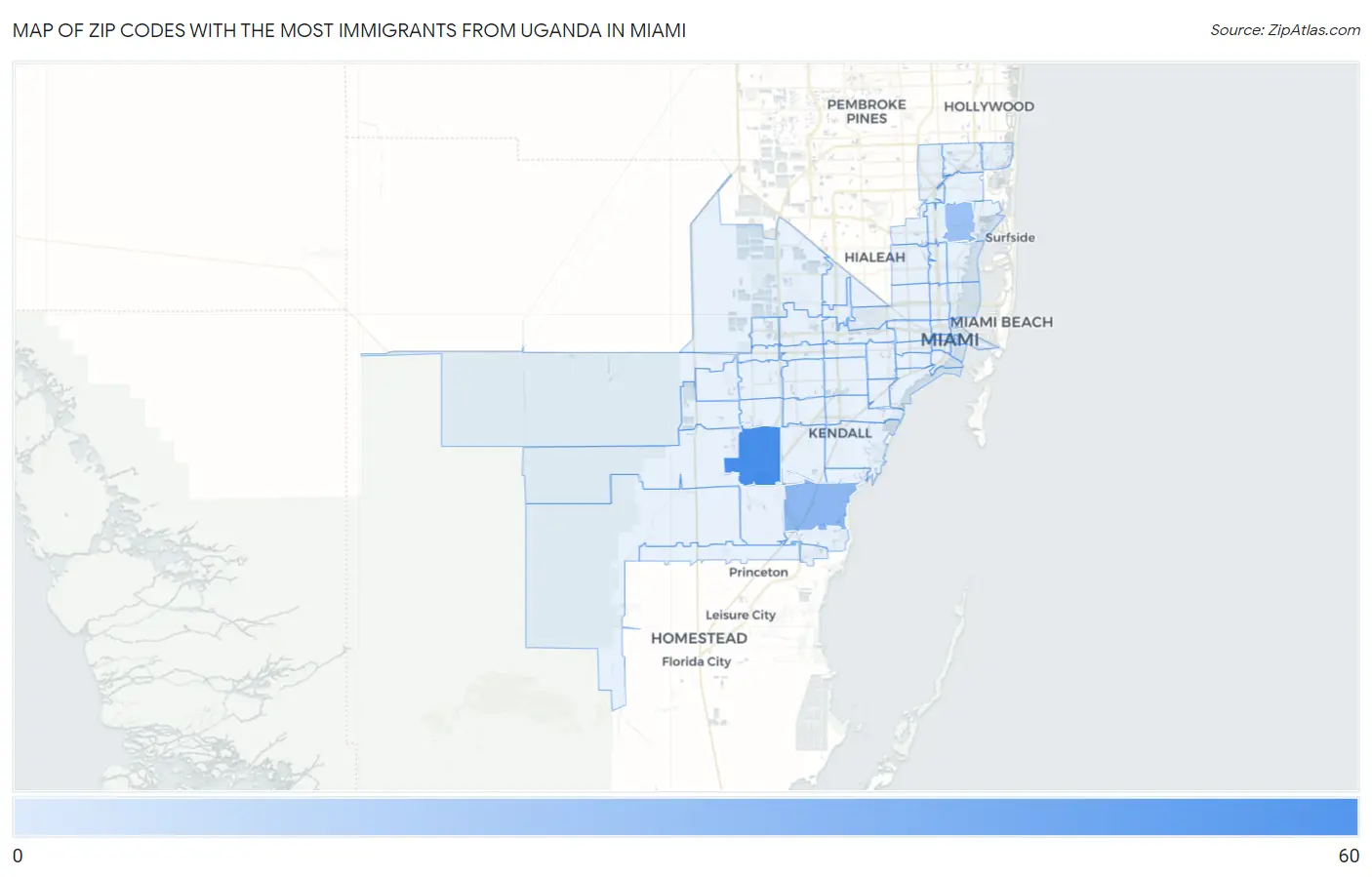 Zip Codes with the Most Immigrants from Uganda in Miami Map