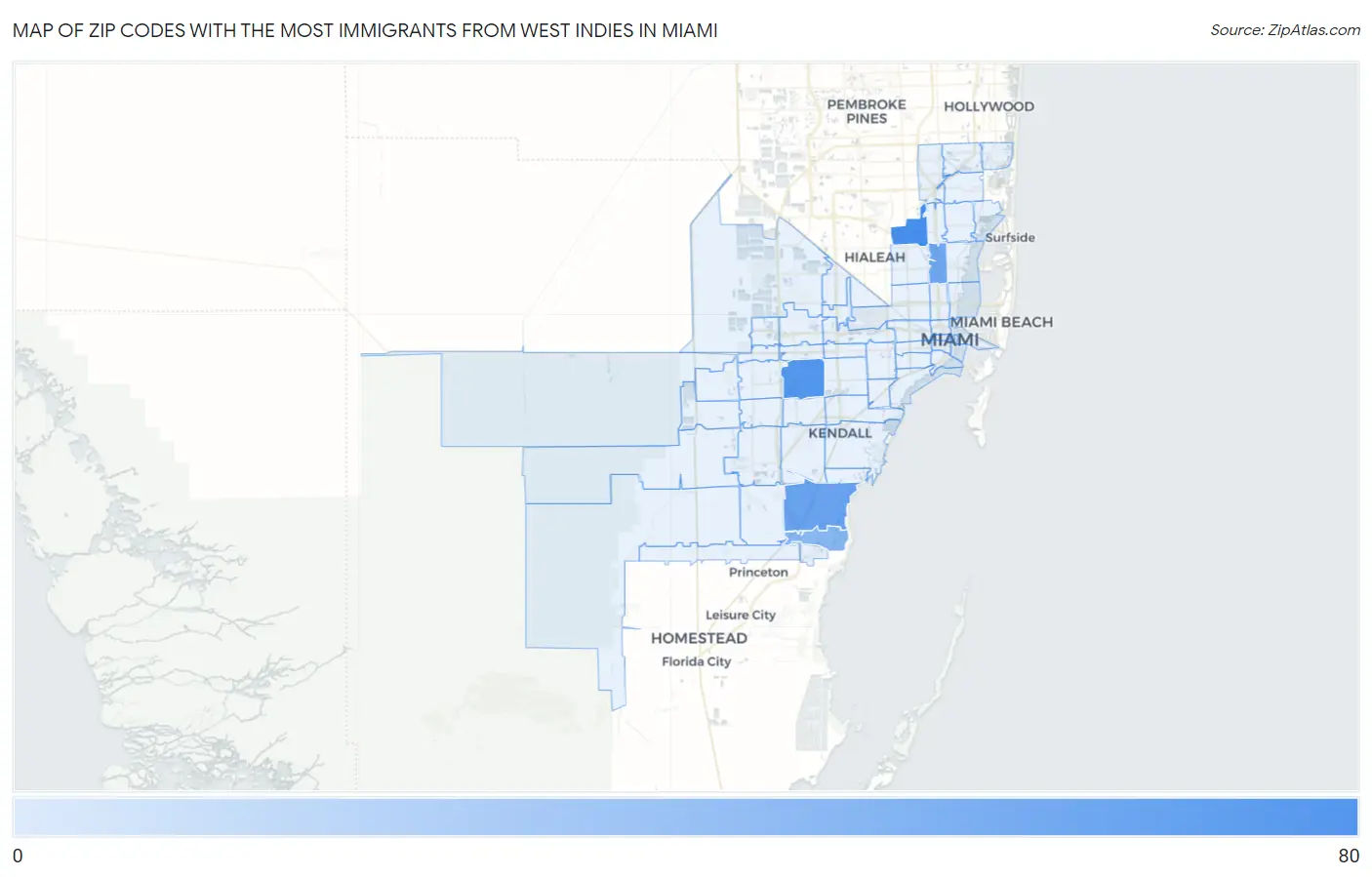 Zip Codes with the Most Immigrants from West Indies in Miami Map