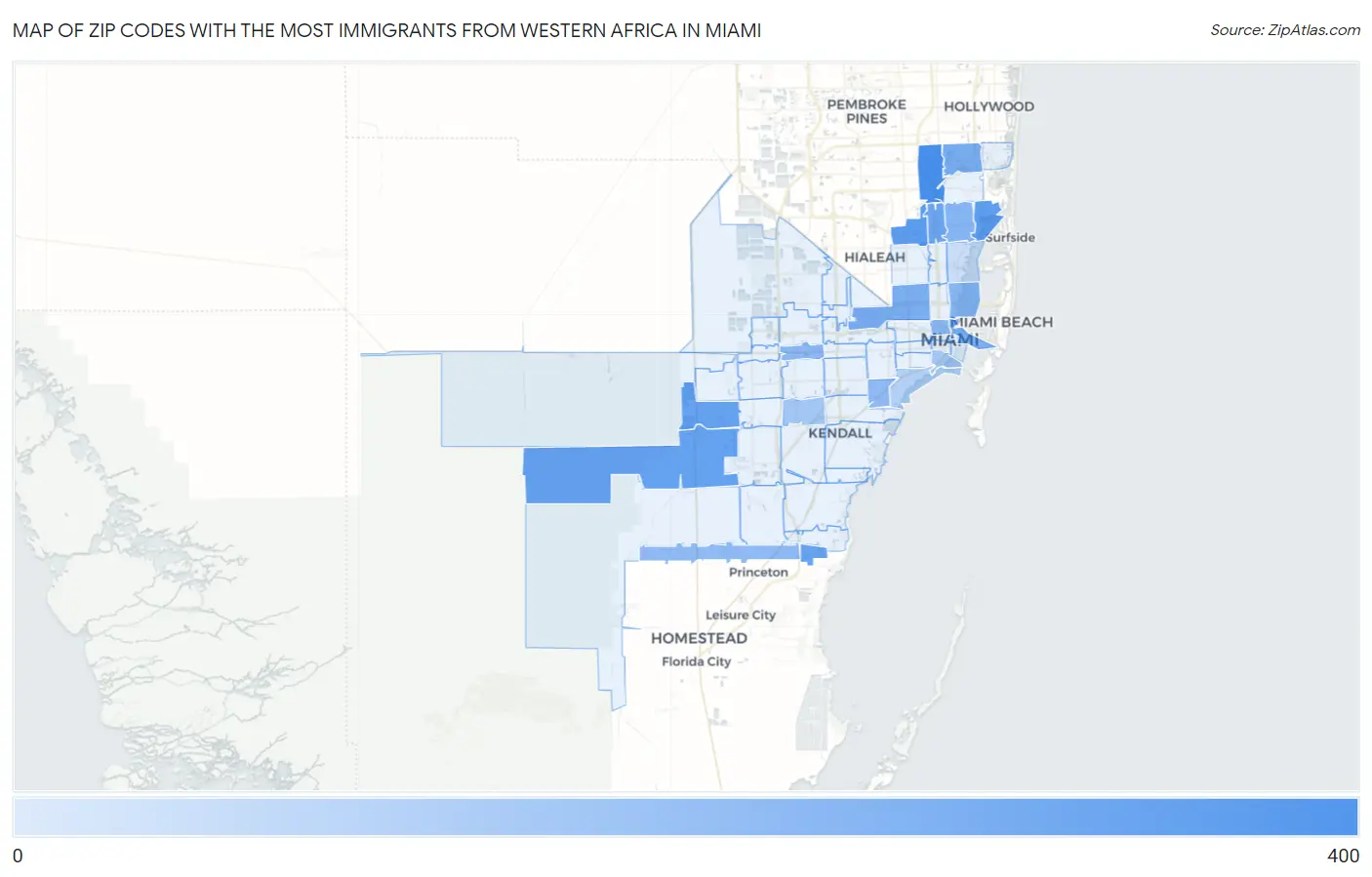Zip Codes with the Most Immigrants from Western Africa in Miami Map