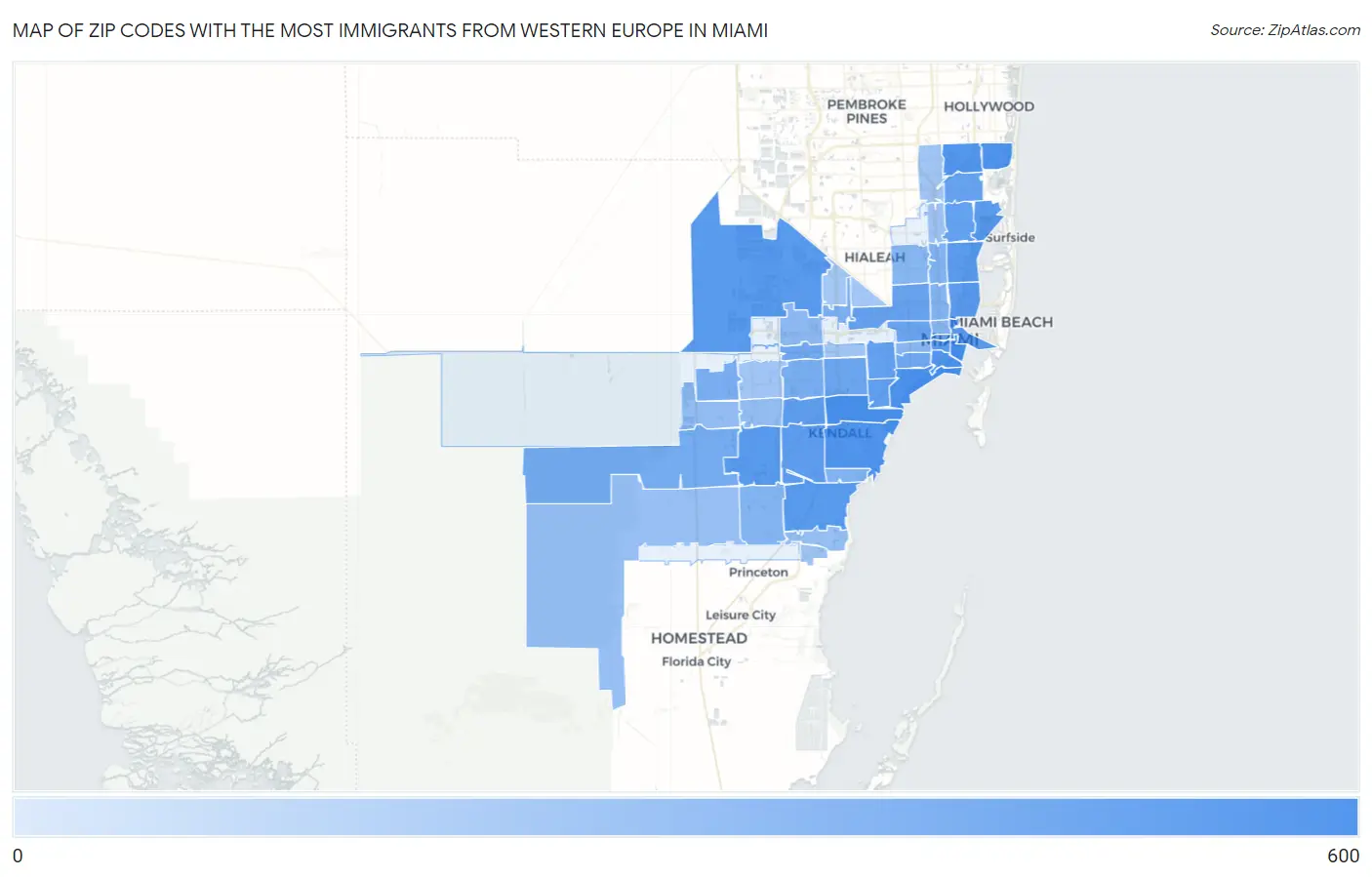 Zip Codes with the Most Immigrants from Western Europe in Miami Map