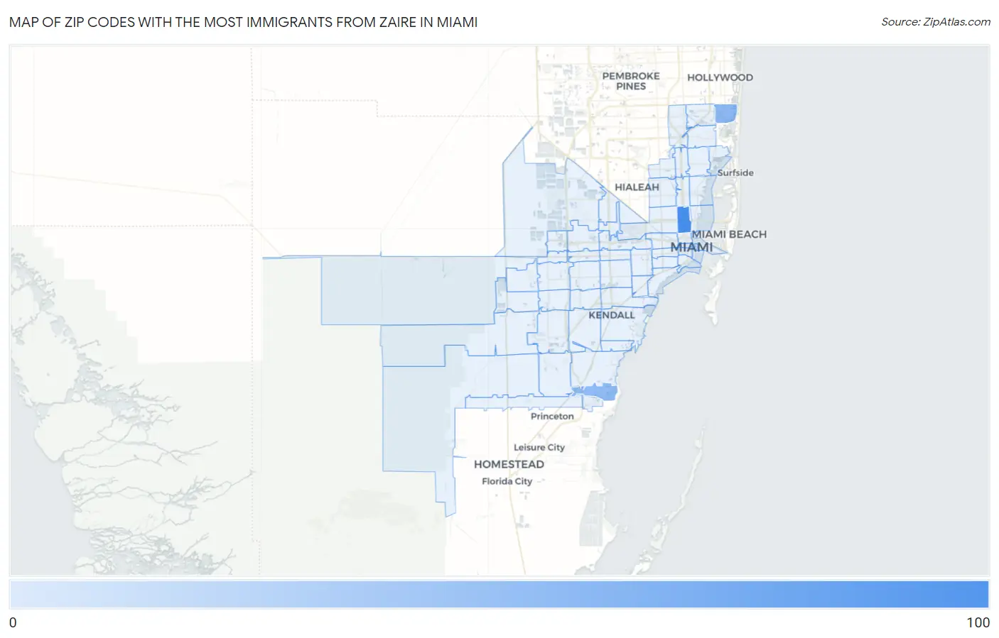 Zip Codes with the Most Immigrants from Zaire in Miami Map
