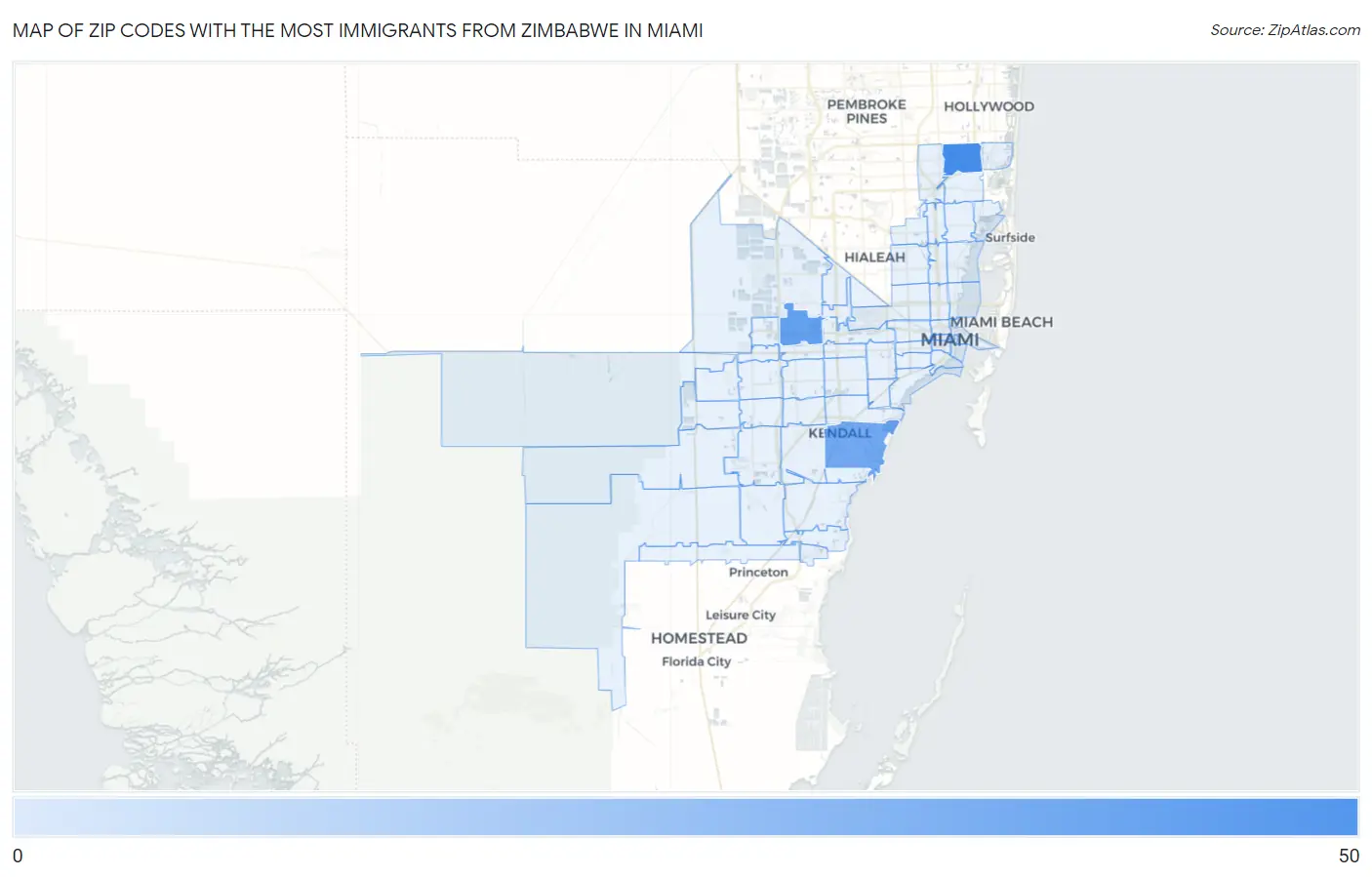 Zip Codes with the Most Immigrants from Zimbabwe in Miami Map