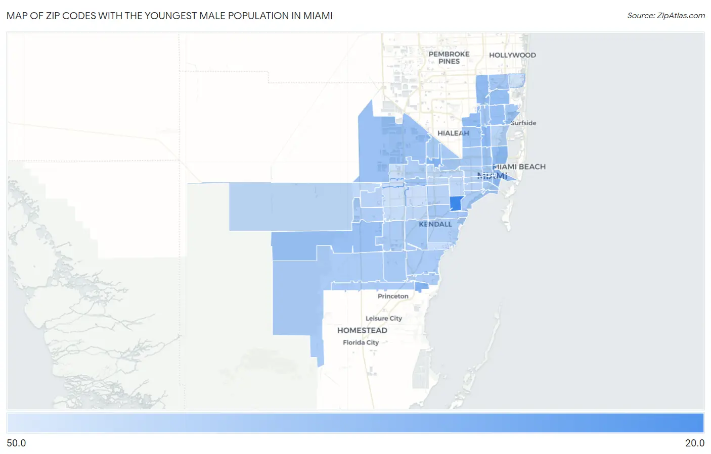 Zip Codes with the Youngest Male Population in Miami Map