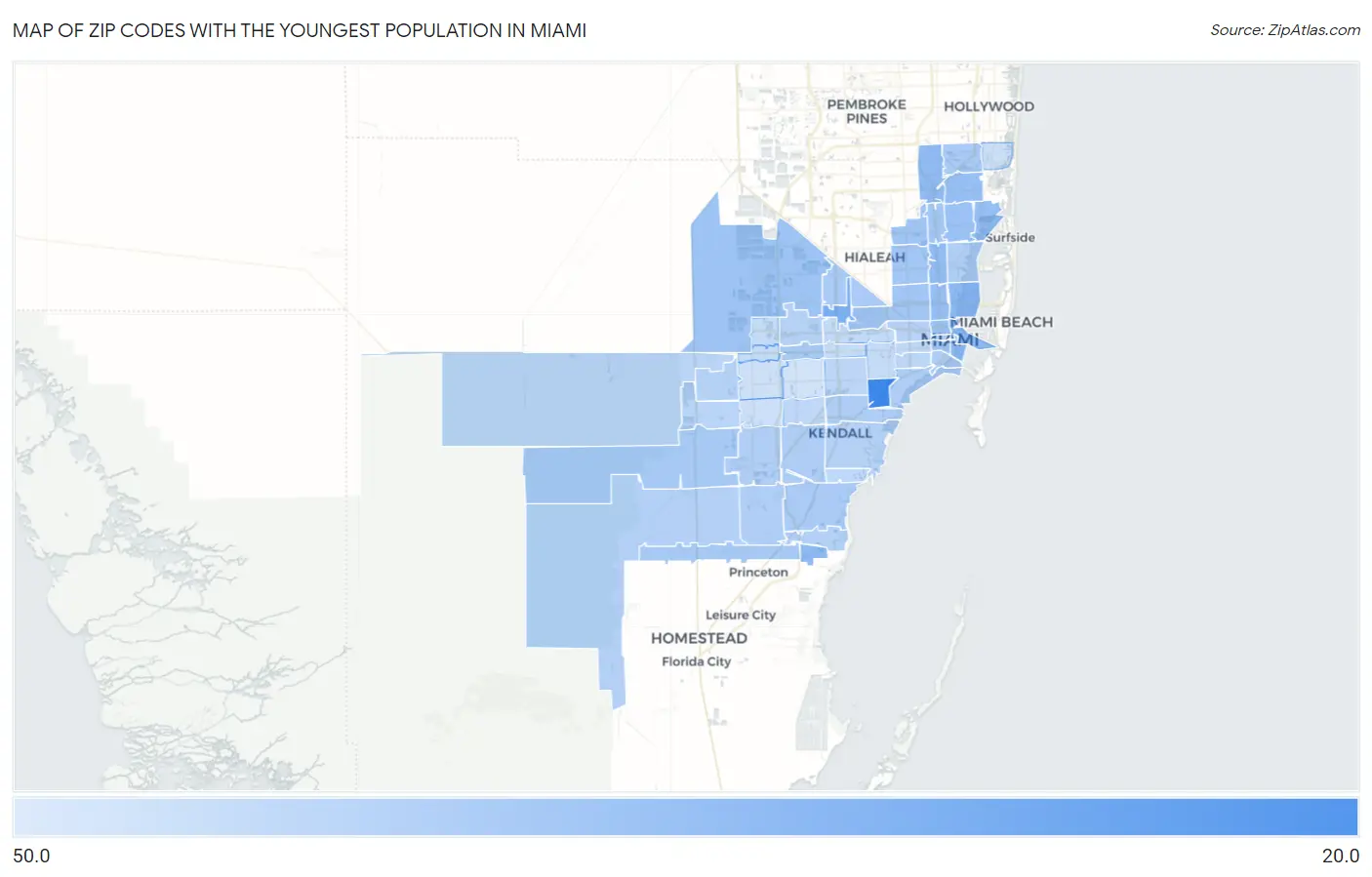 Zip Codes with the Youngest Population in Miami Map