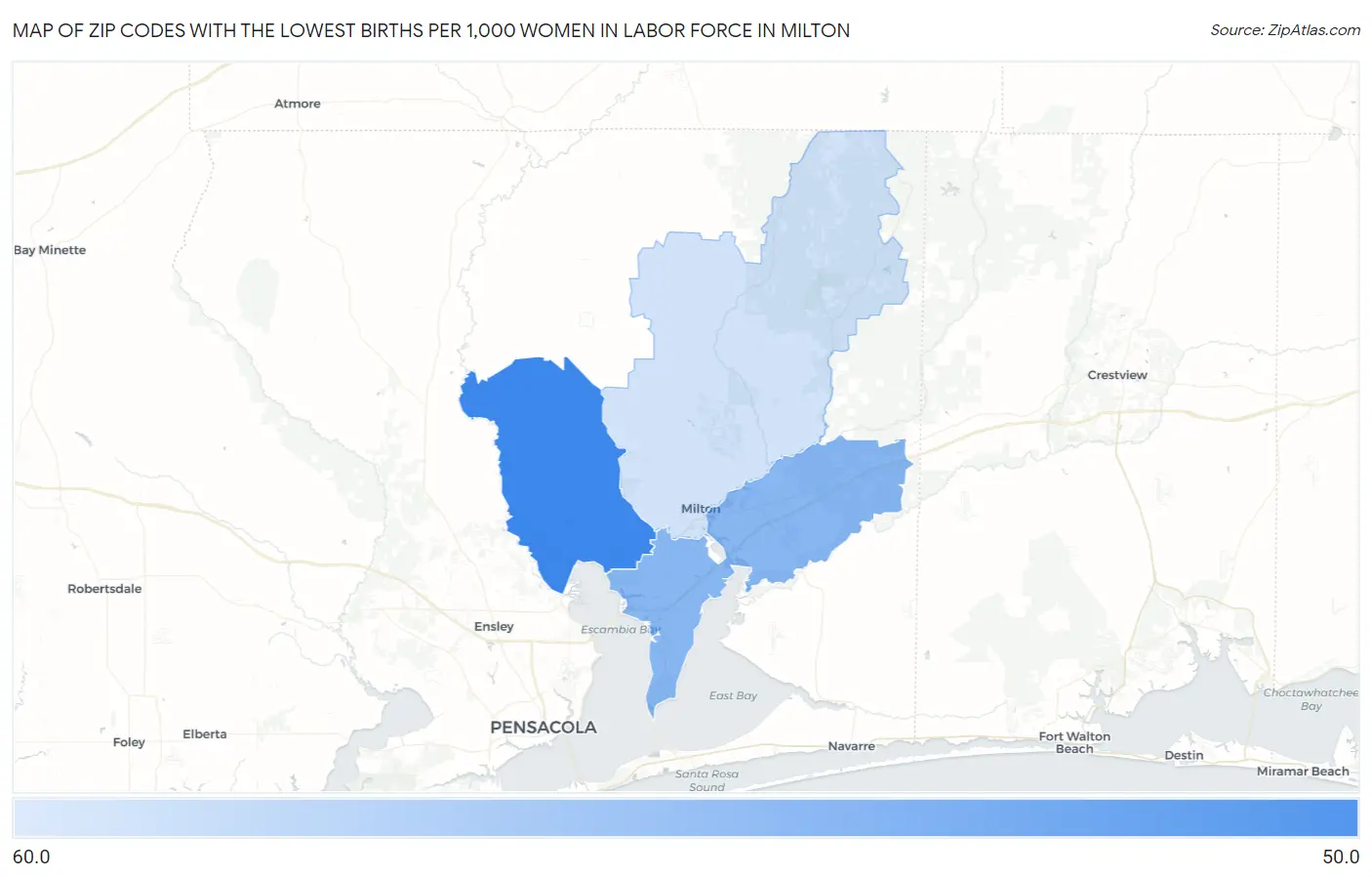 Zip Codes with the Lowest Births per 1,000 Women in Labor Force in Milton Map