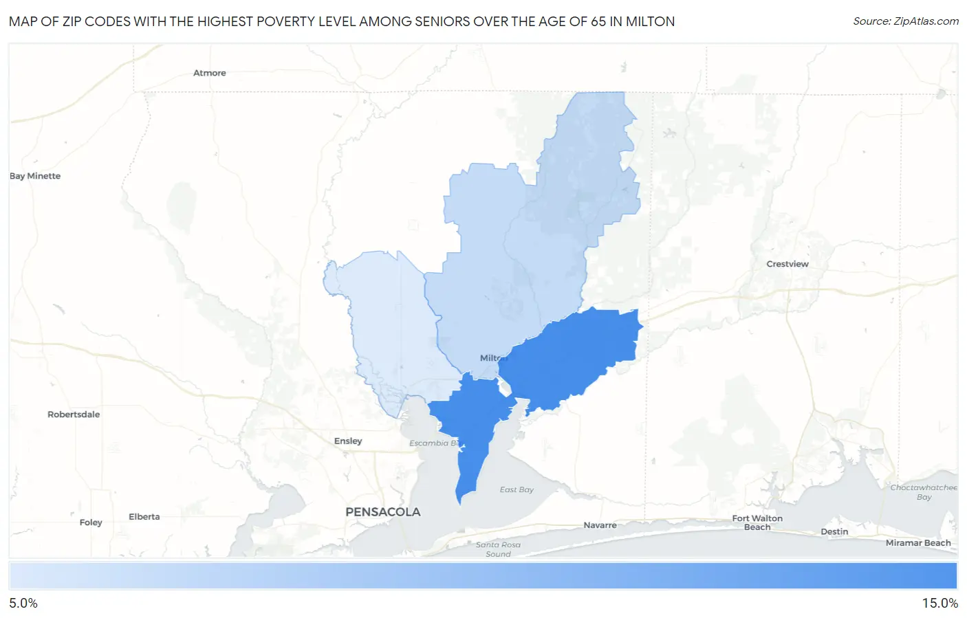 Zip Codes with the Highest Poverty Level Among Seniors Over the Age of 65 in Milton Map