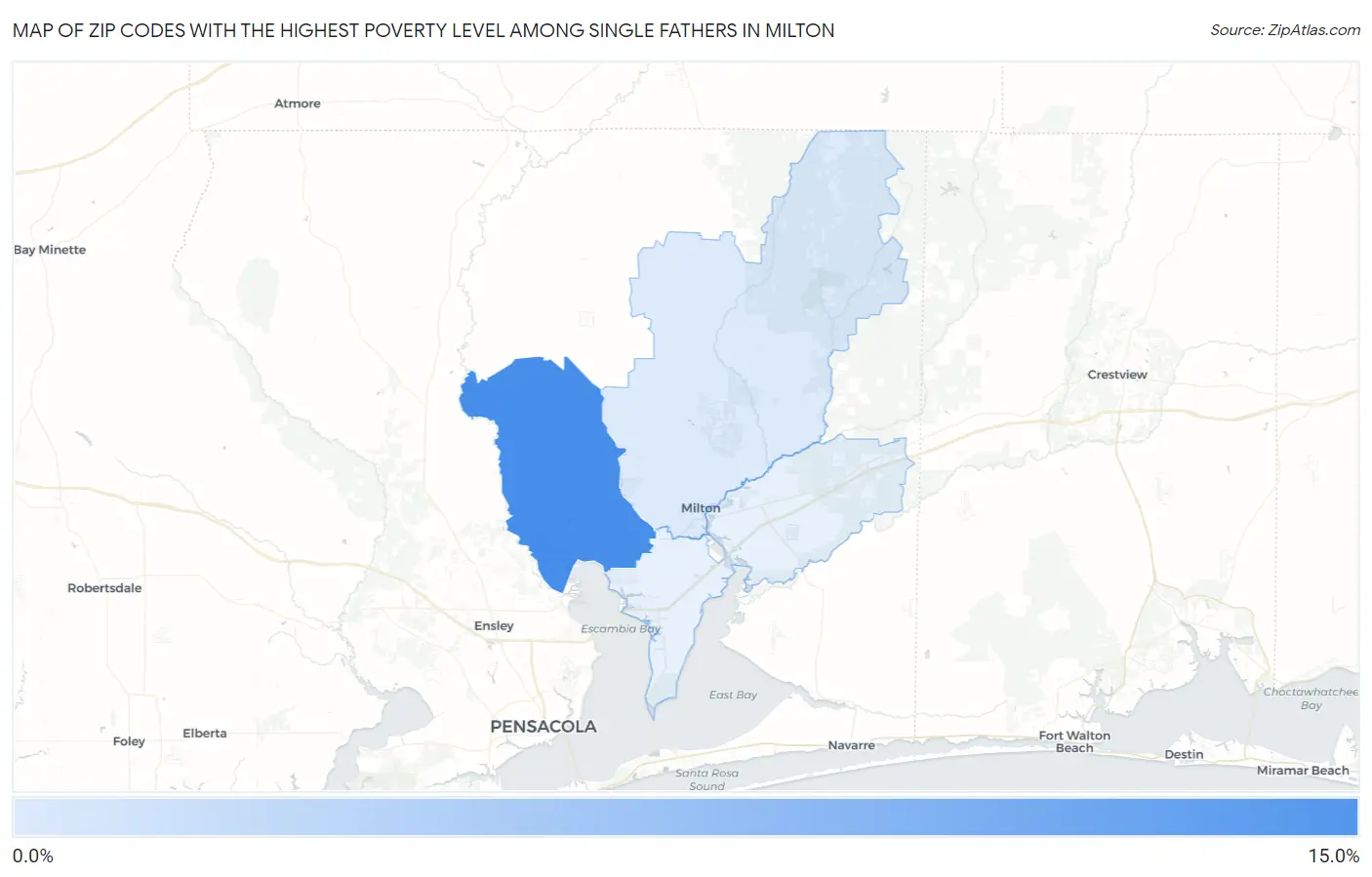 Zip Codes with the Highest Poverty Level Among Single Fathers in Milton Map