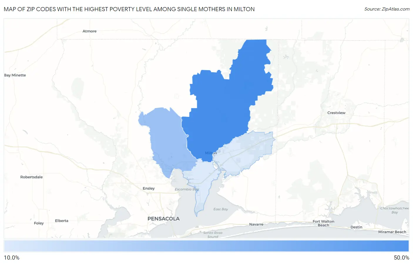Zip Codes with the Highest Poverty Level Among Single Mothers in Milton Map