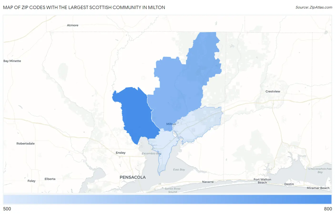Zip Codes with the Largest Scottish Community in Milton Map