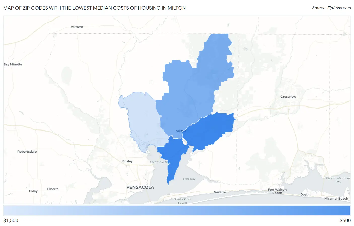Zip Codes with the Lowest Median Costs of Housing in Milton Map