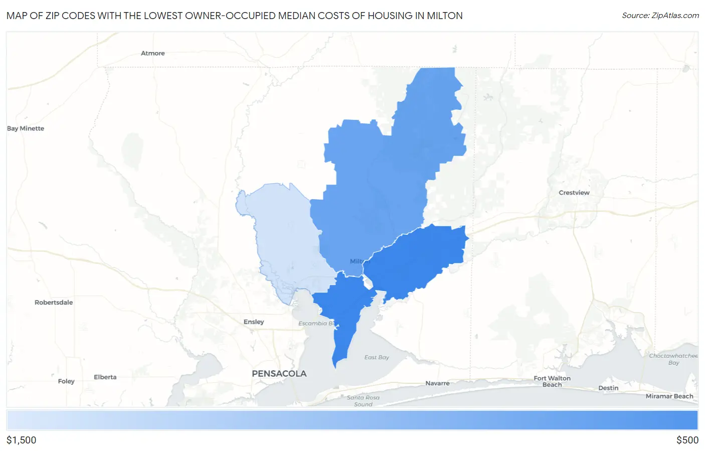 Zip Codes with the Lowest Owner-Occupied Median Costs of Housing in Milton Map