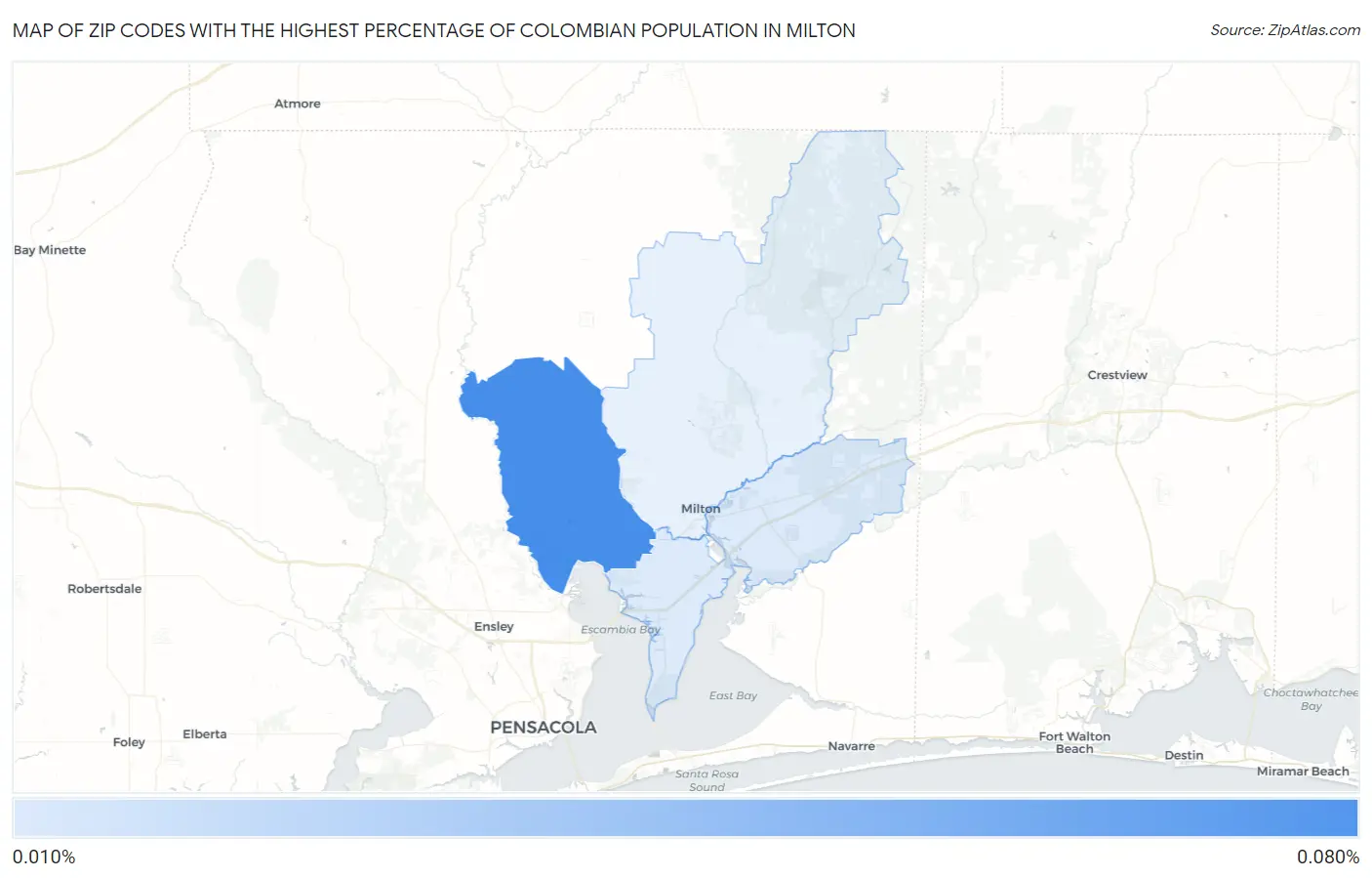 Zip Codes with the Highest Percentage of Colombian Population in Milton Map
