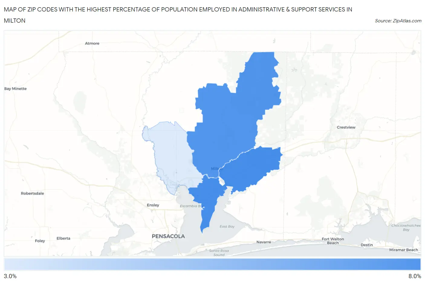 Zip Codes with the Highest Percentage of Population Employed in Administrative & Support Services in Milton Map