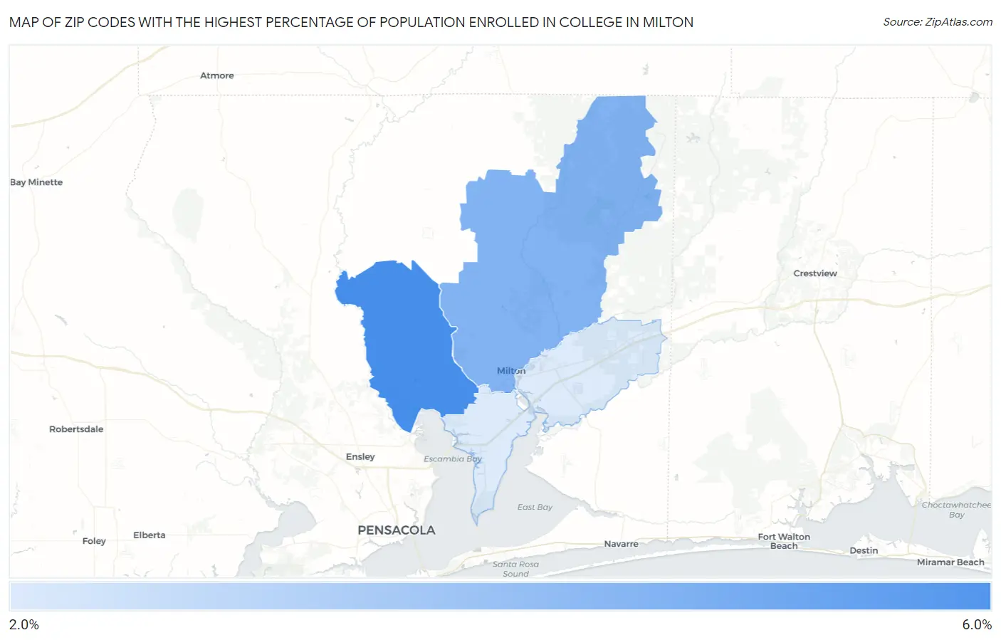 Zip Codes with the Highest Percentage of Population Enrolled in College in Milton Map