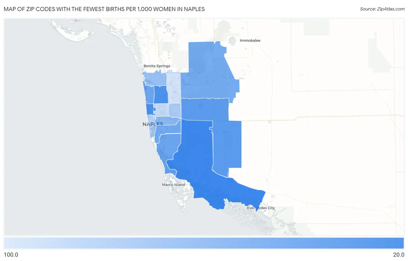 Zip Codes with the Fewest Births per 1,000 Women in Naples Map