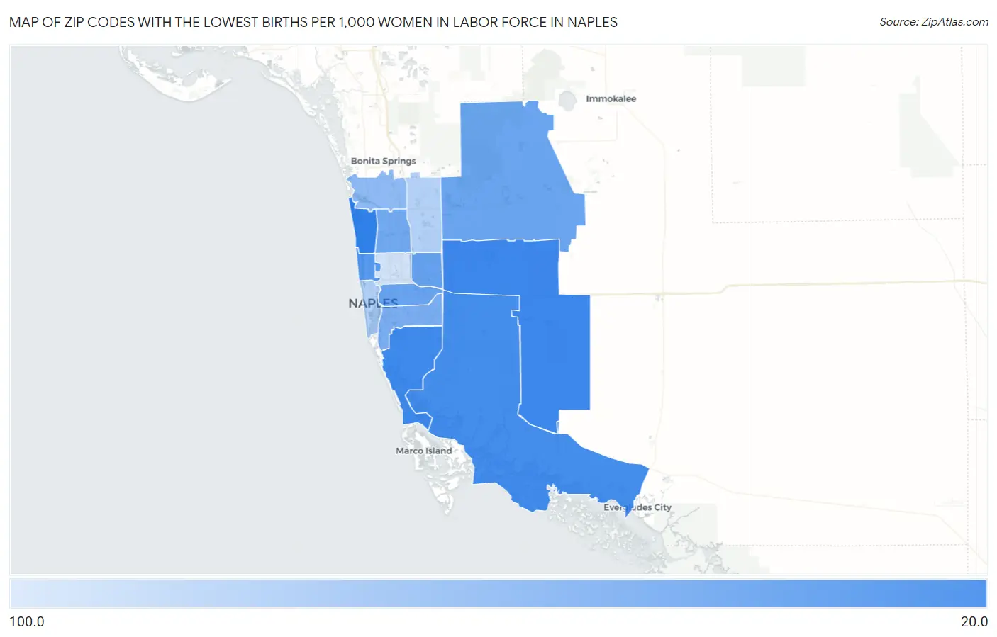 Zip Codes with the Lowest Births per 1,000 Women in Labor Force in Naples Map