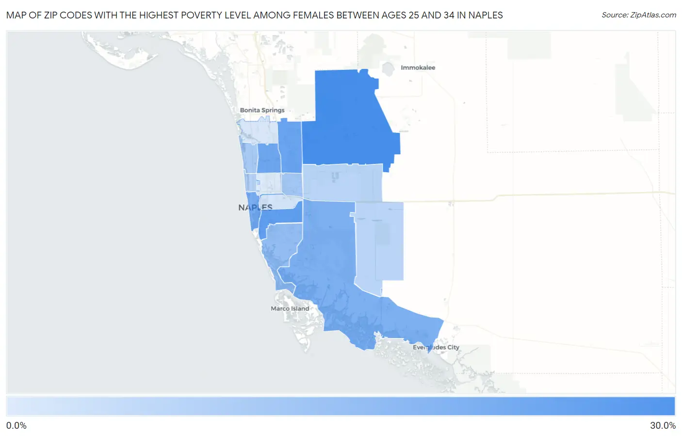 Zip Codes with the Highest Poverty Level Among Females Between Ages 25 and 34 in Naples Map