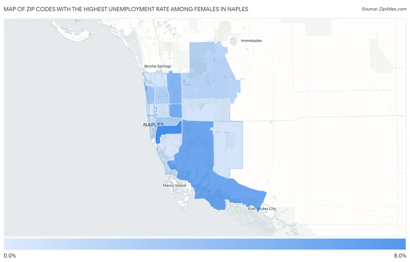 Zip Codes with the Highest Unemployment Rate Among Females in Naples Map