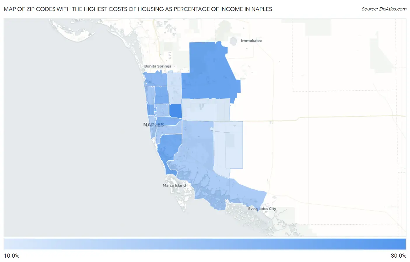Zip Codes with the Highest Costs of Housing as Percentage of Income in Naples Map