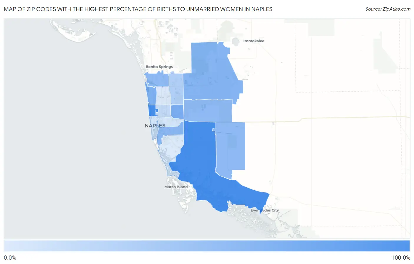 Zip Codes with the Highest Percentage of Births to Unmarried Women in Naples Map