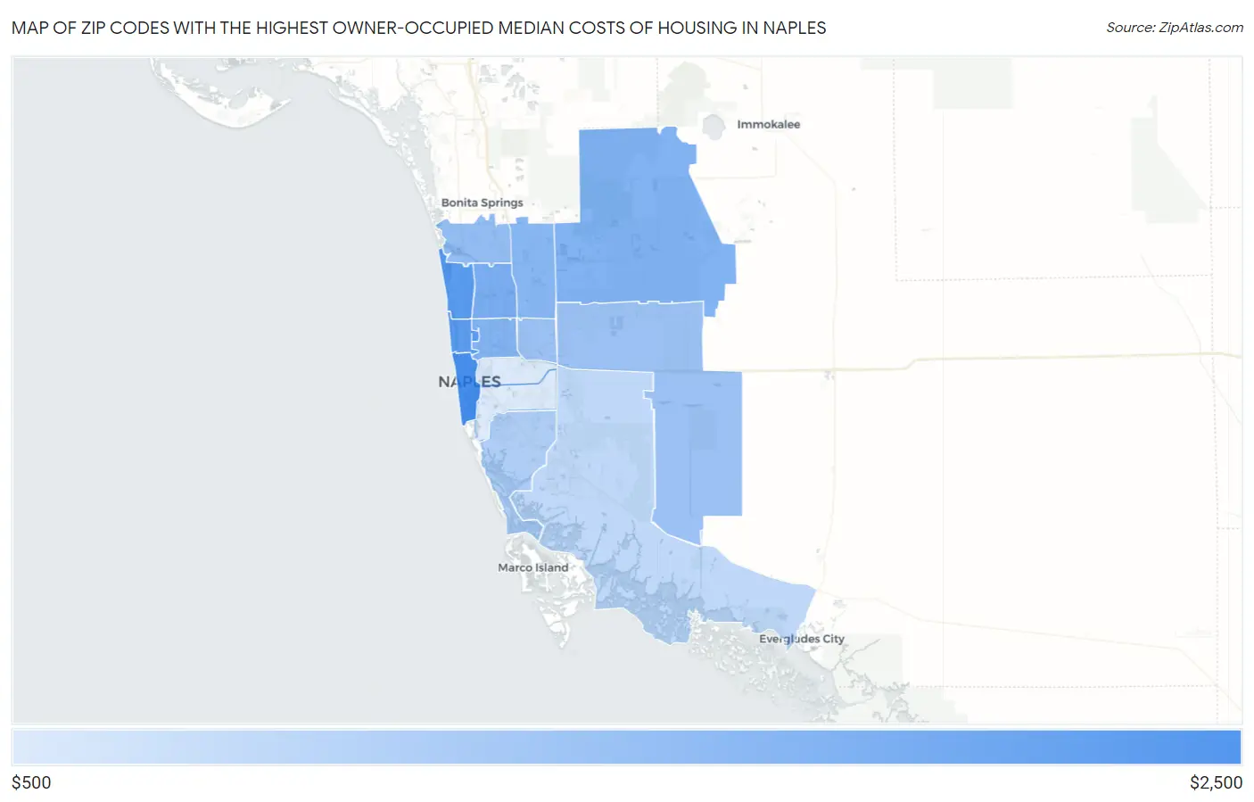 Zip Codes with the Highest Owner-Occupied Median Costs of Housing in Naples Map