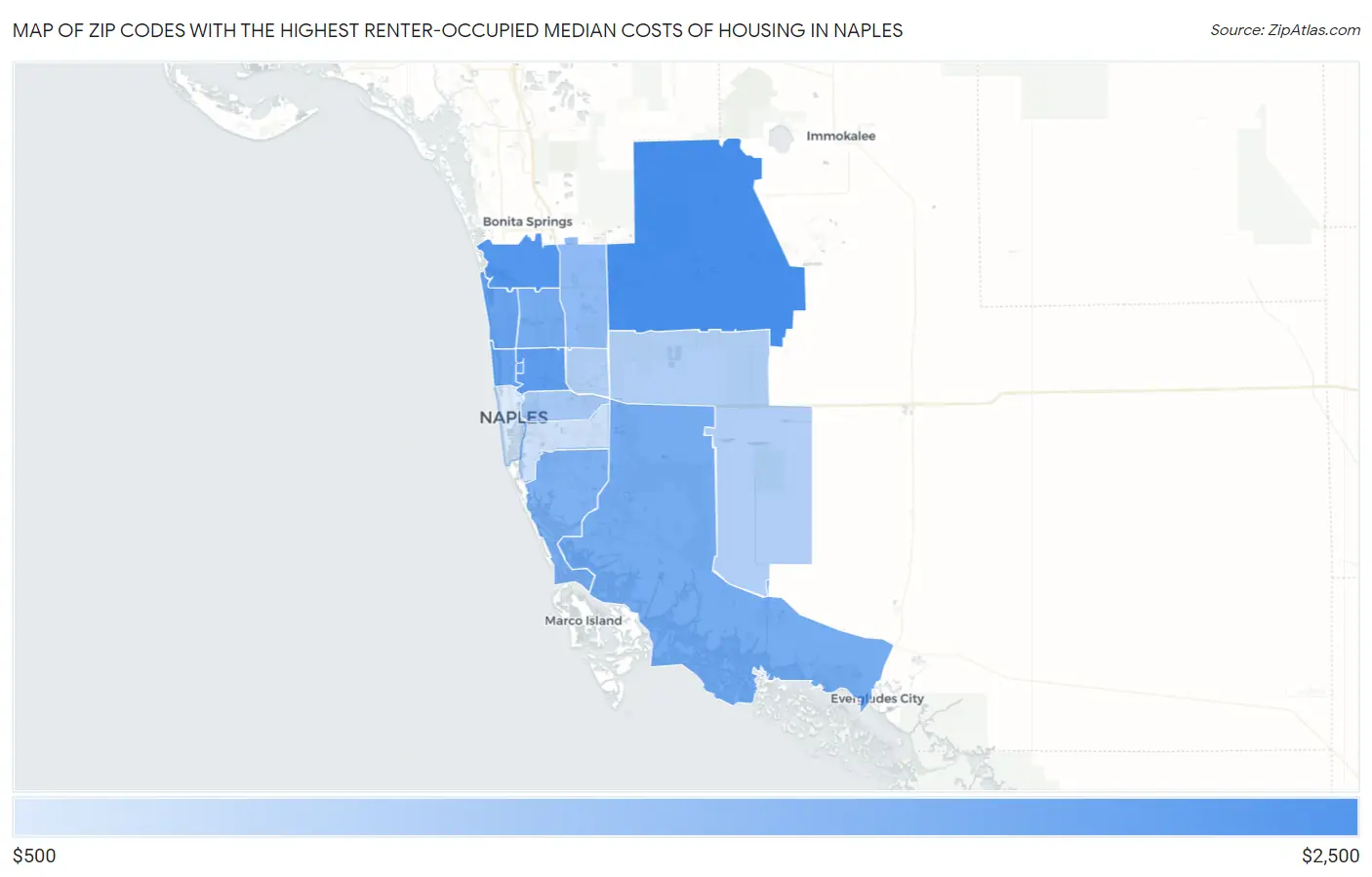 Zip Codes with the Highest Renter-Occupied Median Costs of Housing in Naples Map
