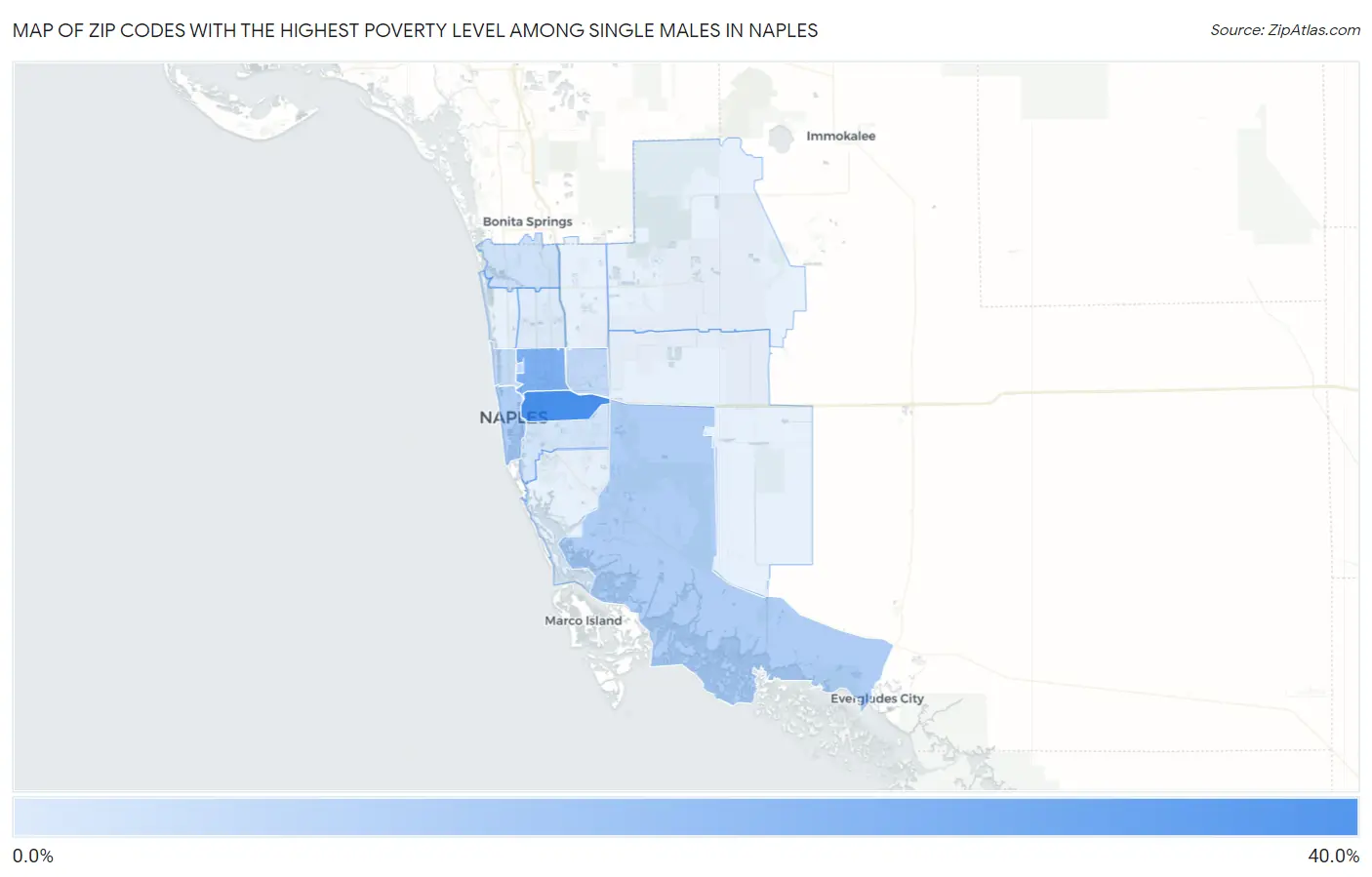Zip Codes with the Highest Poverty Level Among Single Males in Naples Map
