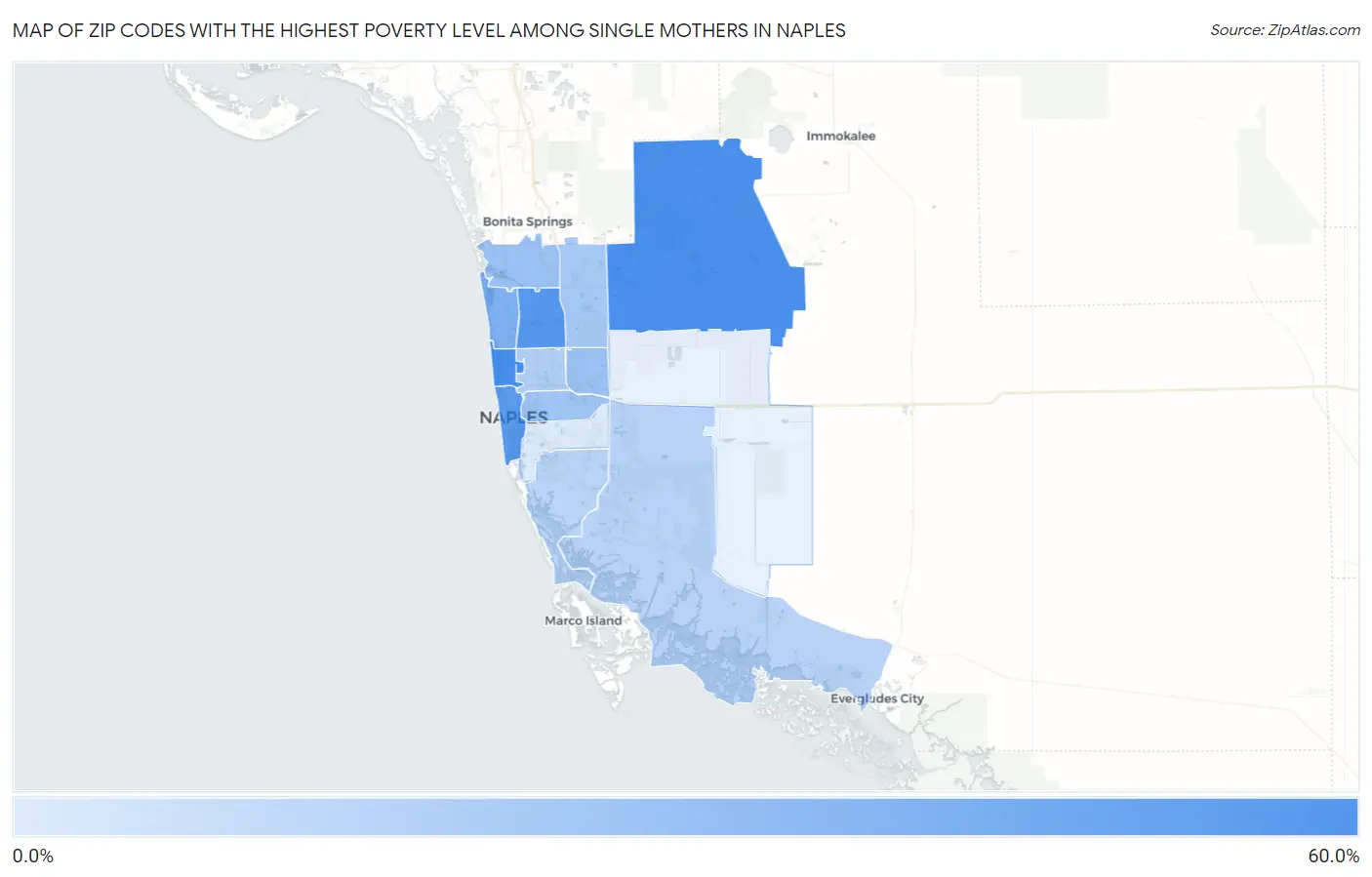Zip Codes with the Highest Poverty Level Among Single Mothers in Naples Map