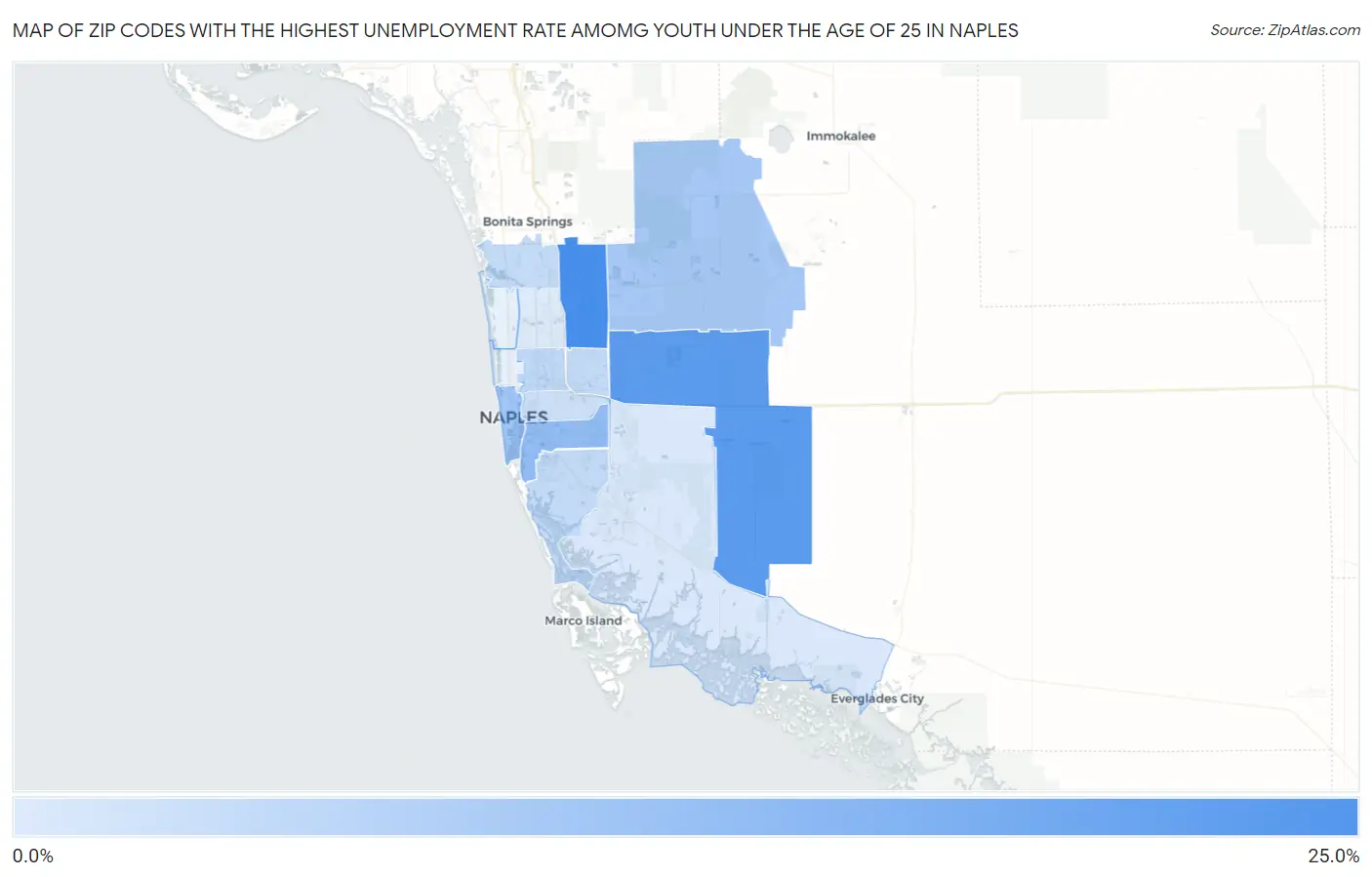 Zip Codes with the Highest Unemployment Rate Amomg Youth Under the Age of 25 in Naples Map