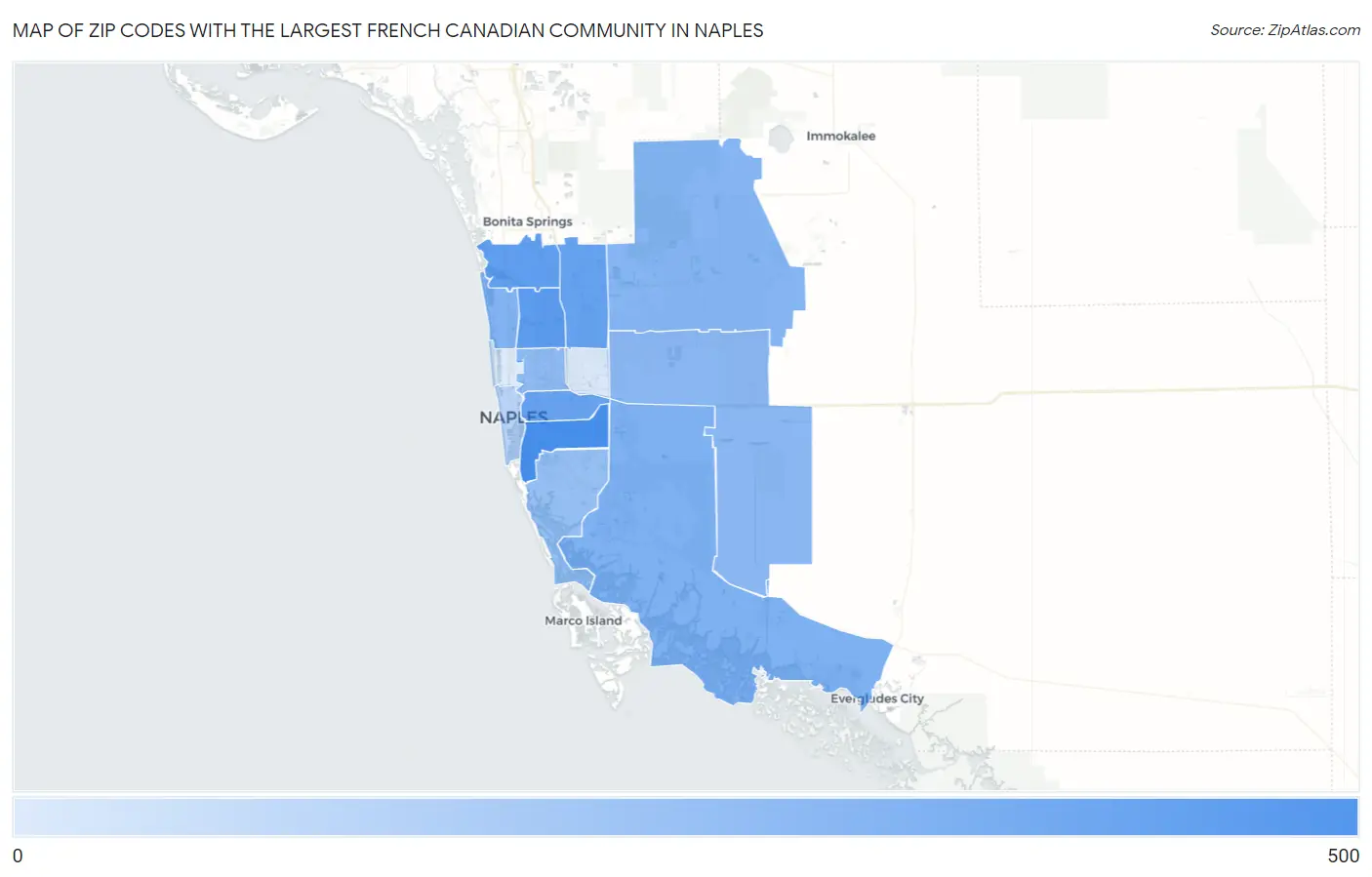Zip Codes with the Largest French Canadian Community in Naples Map