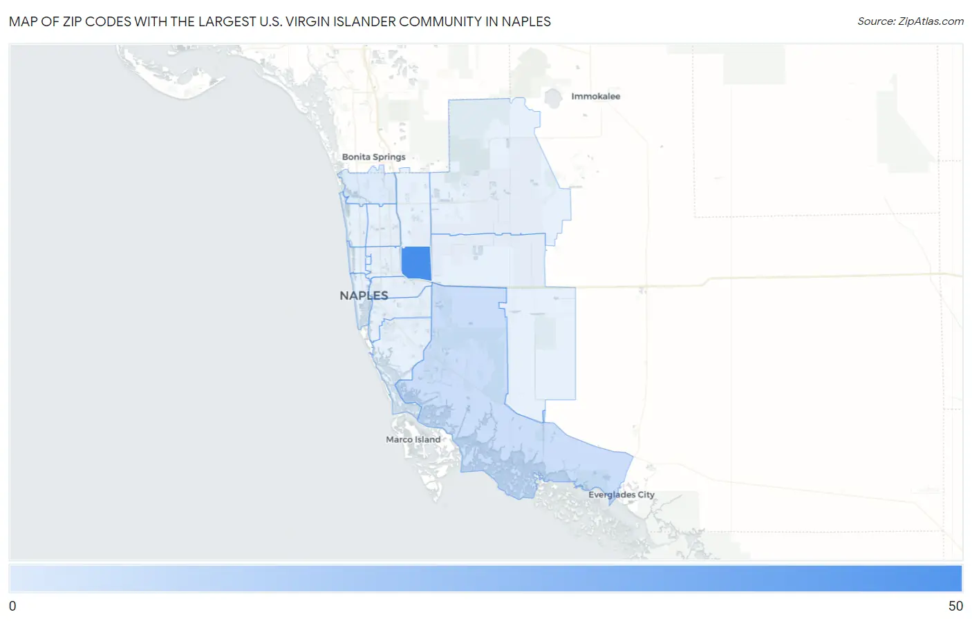 Zip Codes with the Largest U.S. Virgin Islander Community in Naples Map