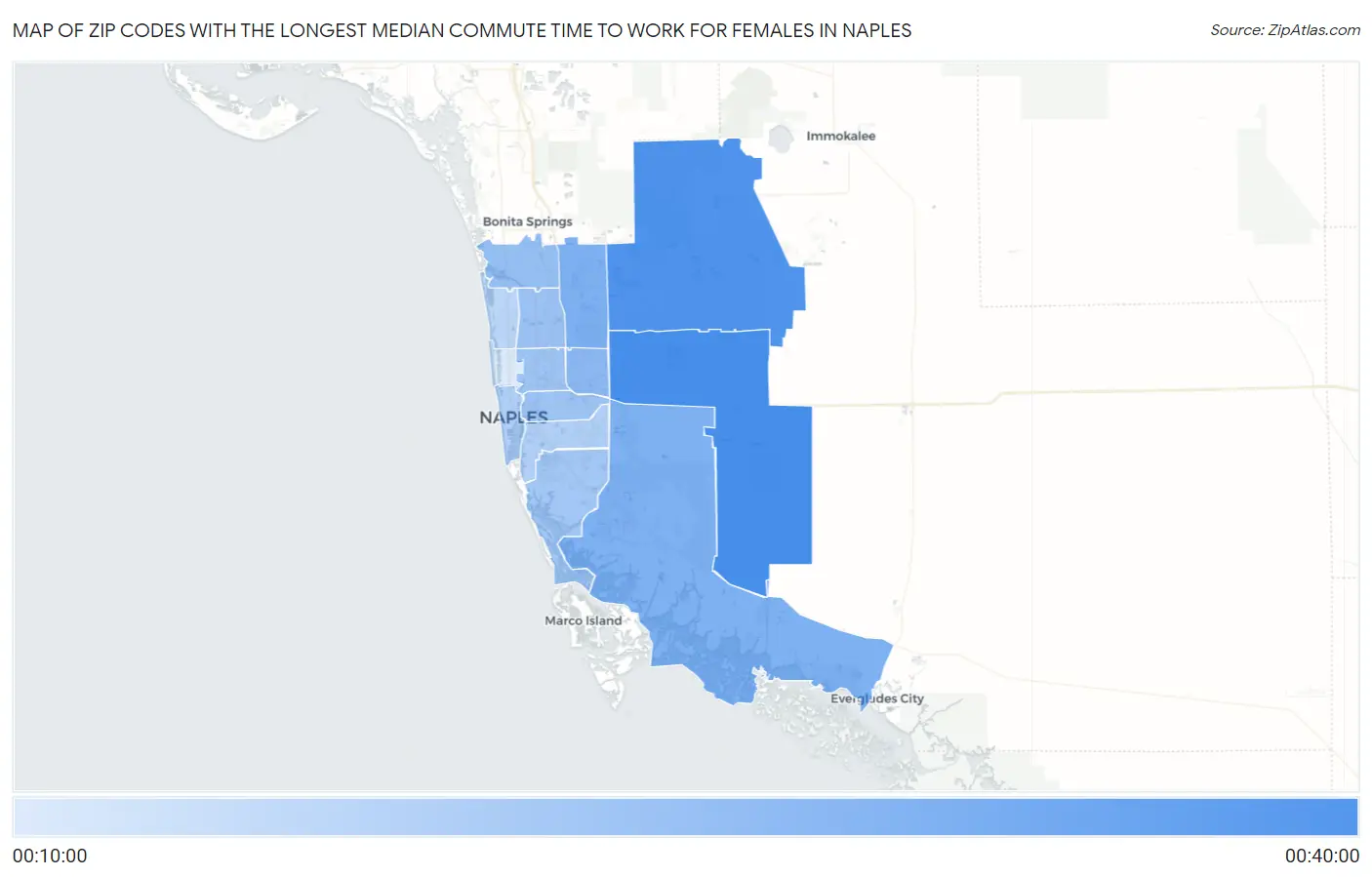 Zip Codes with the Longest Median Commute Time to Work for Females in Naples Map