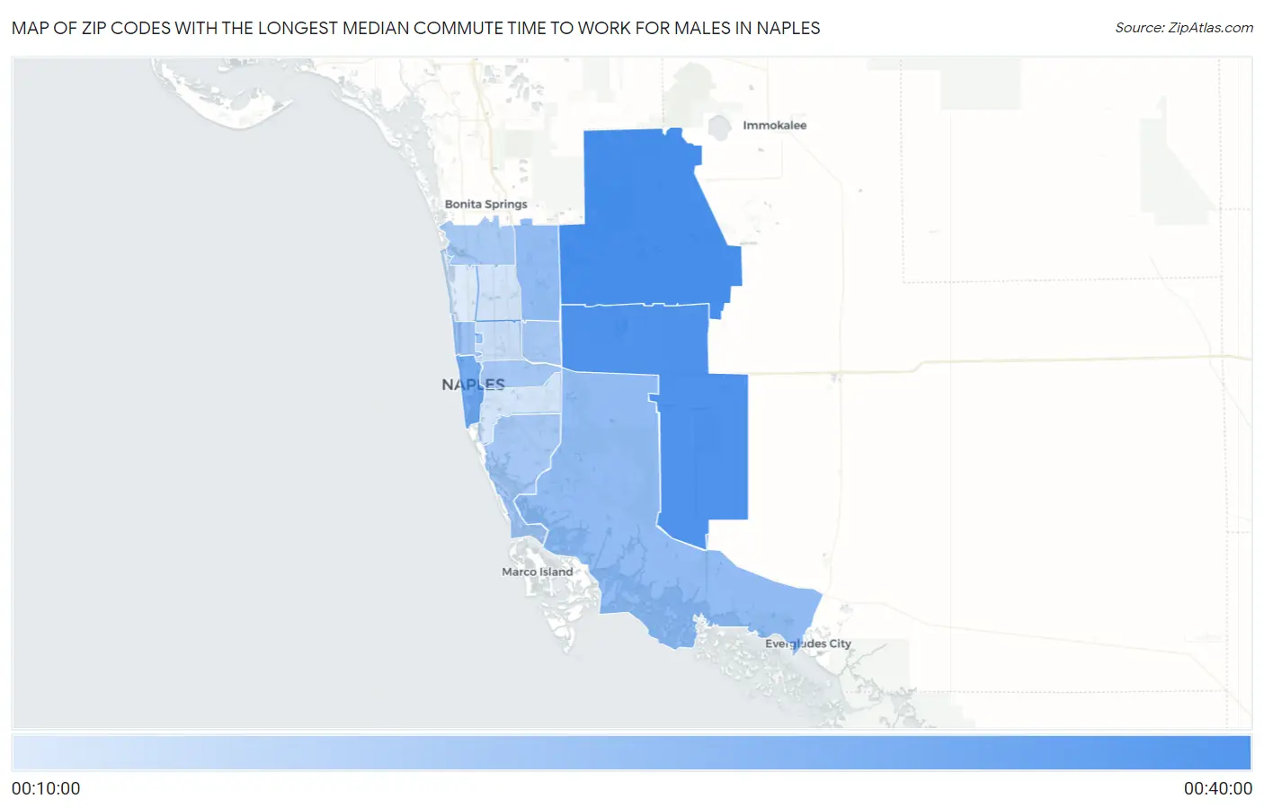 Zip Codes with the Longest Median Commute Time to Work for Males in Naples Map