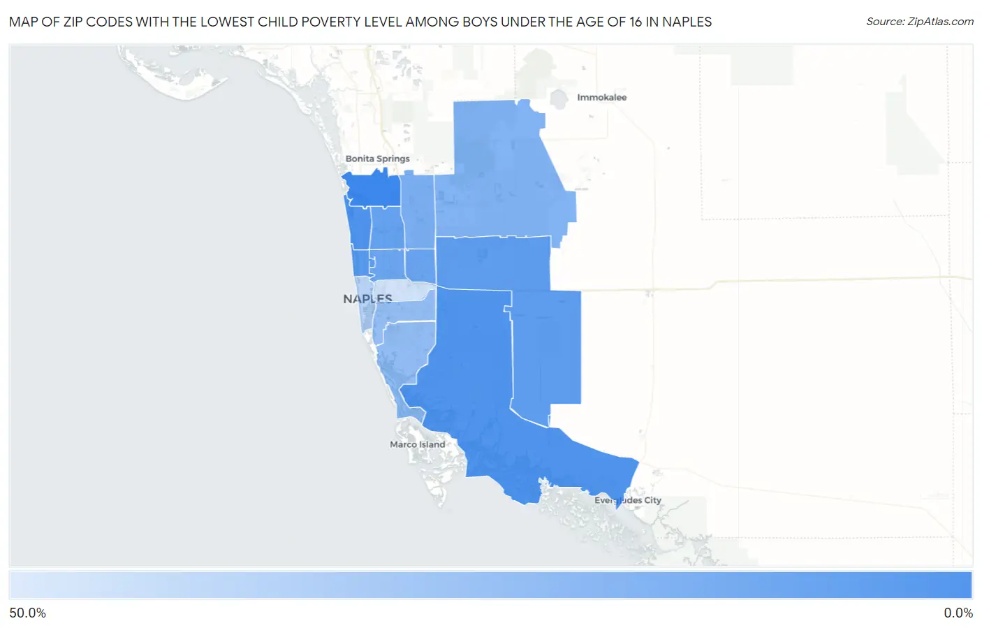 Zip Codes with the Lowest Child Poverty Level Among Boys Under the Age of 16 in Naples Map
