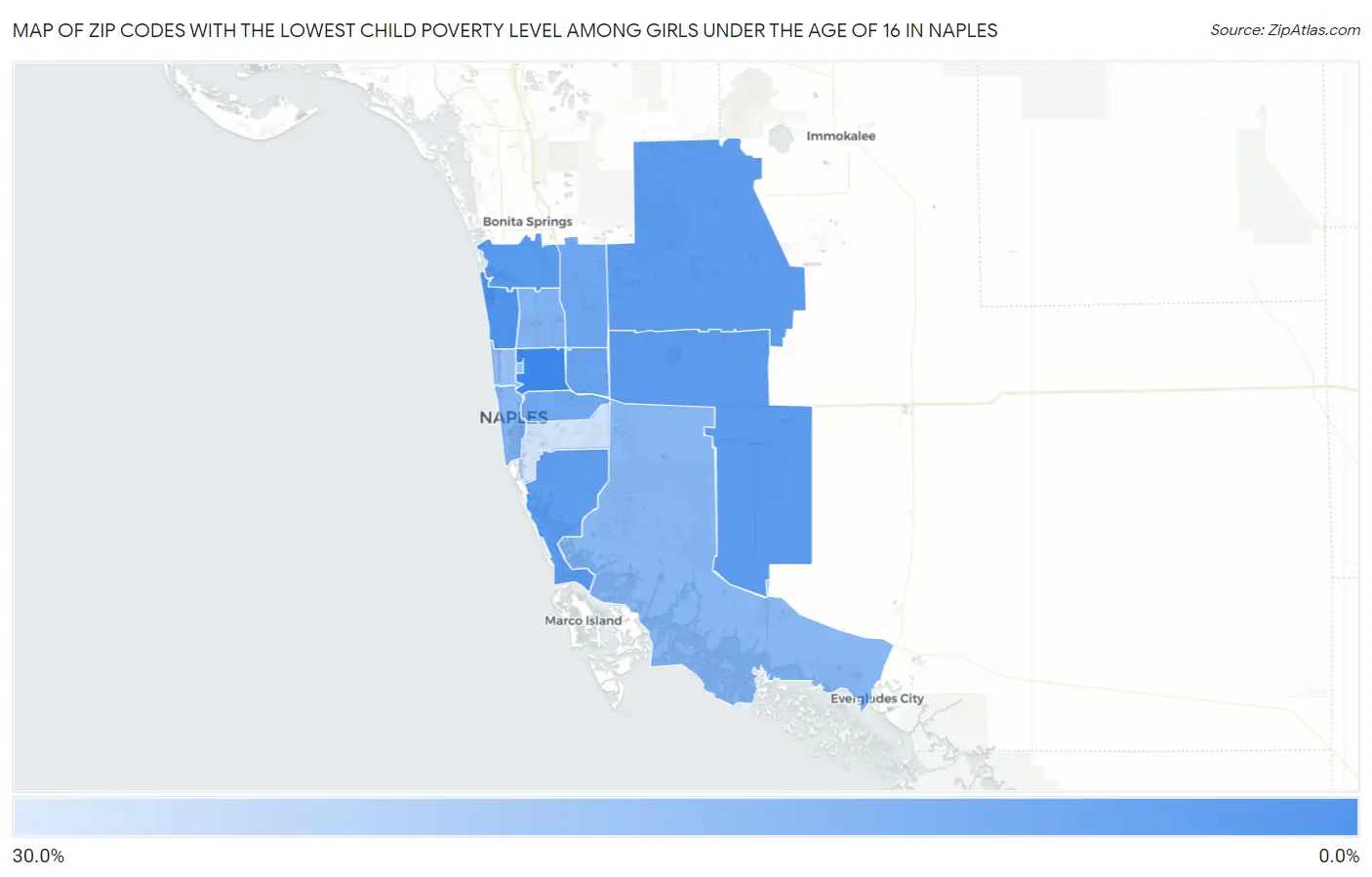 Zip Codes with the Lowest Child Poverty Level Among Girls Under the Age of 16 in Naples Map