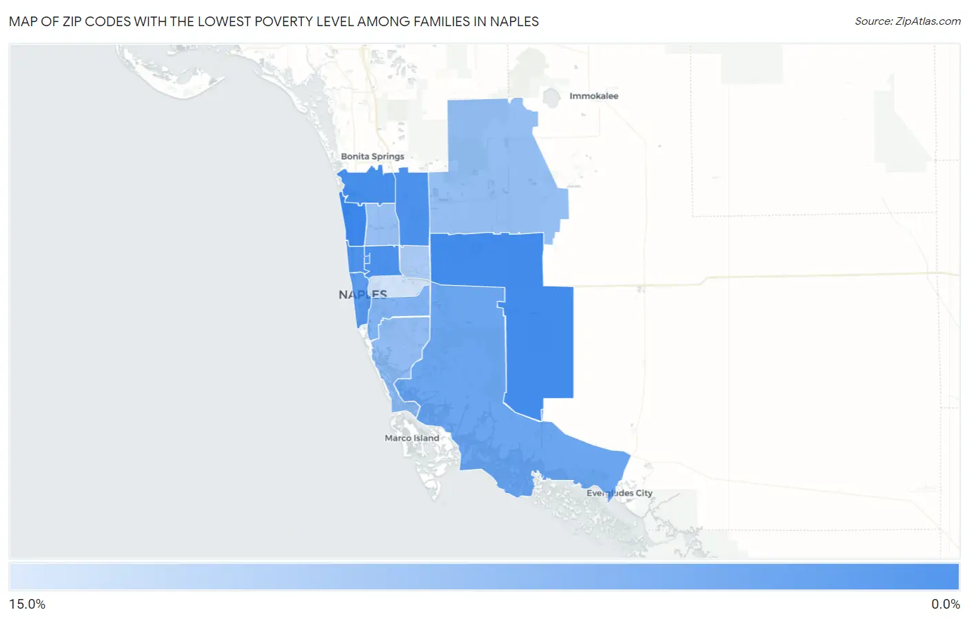Zip Codes with the Lowest Poverty Level Among Families in Naples Map
