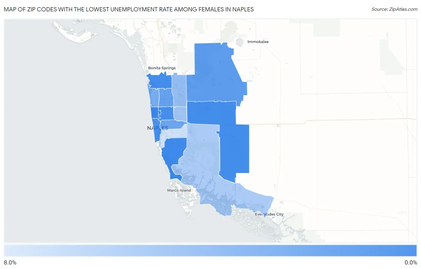 Zip Codes with the Lowest Unemployment Rate Among Females in Naples Map