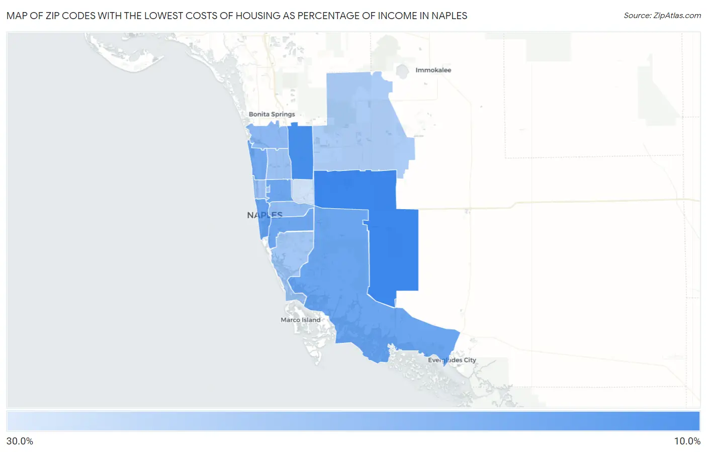 Zip Codes with the Lowest Costs of Housing as Percentage of Income in Naples Map