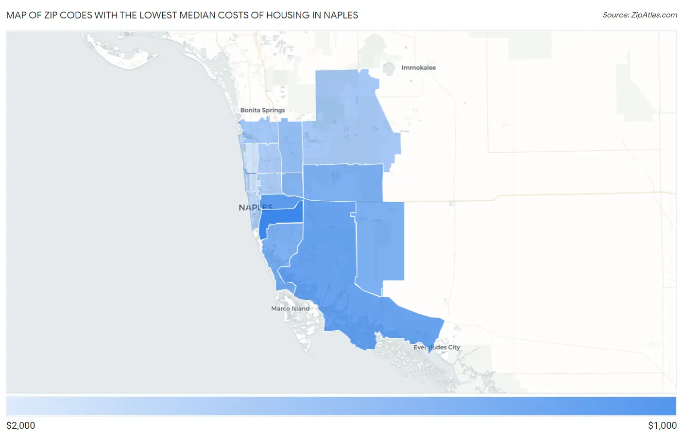 Zip Codes with the Lowest Median Costs of Housing in Naples Map