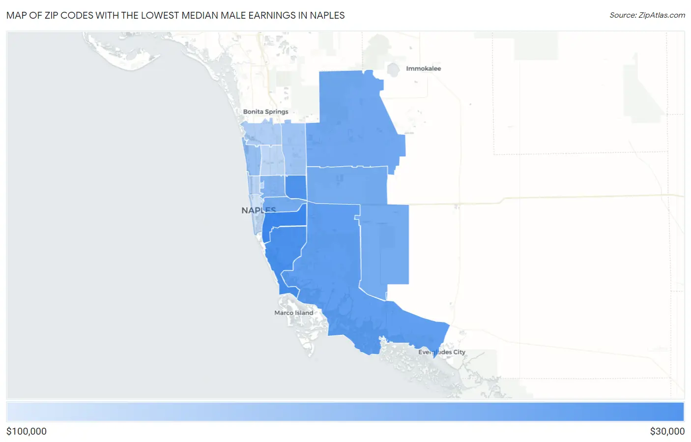 Zip Codes with the Lowest Median Male Earnings in Naples Map