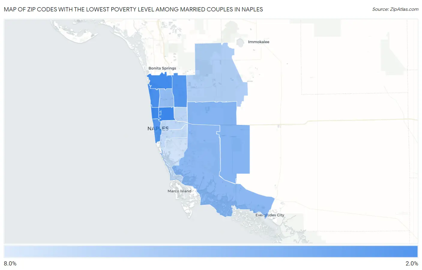 Zip Codes with the Lowest Poverty Level Among Married Couples in Naples Map