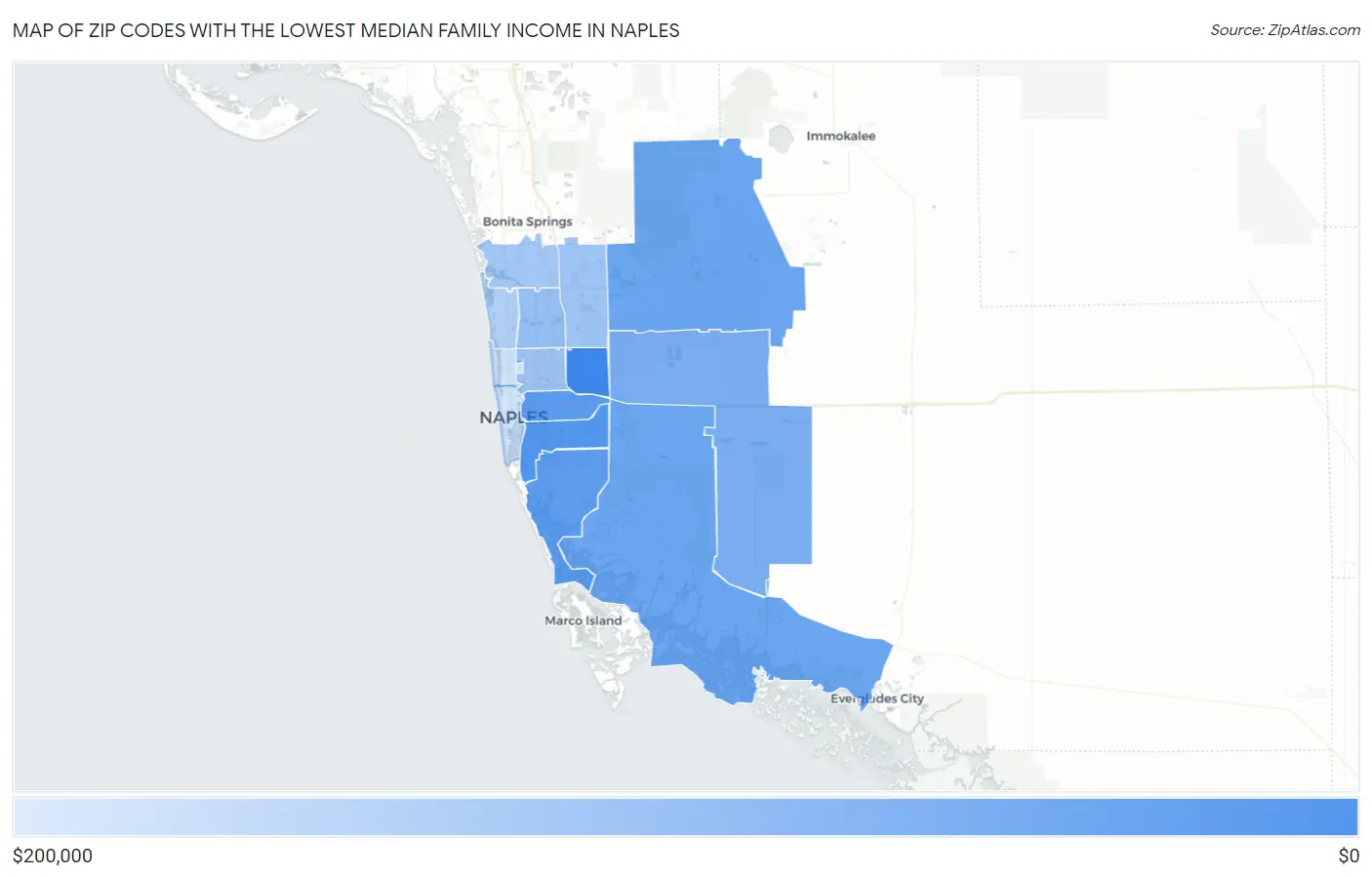 Zip Codes with the Lowest Median Family Income in Naples Map